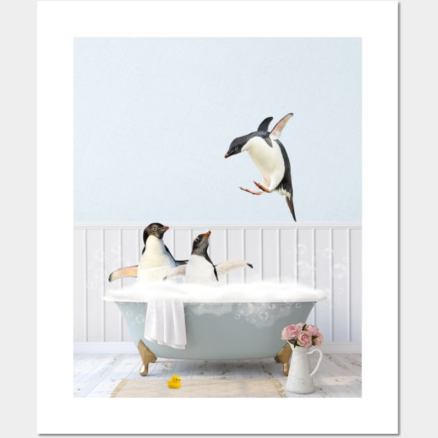 Penguins in a Vintage Bathtub Wall Art by Sruthi